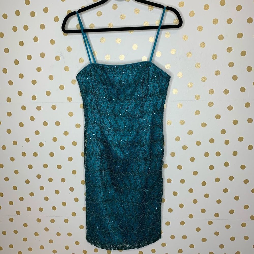 Adrianna Papell Evening Teal Sequin Lace Dress